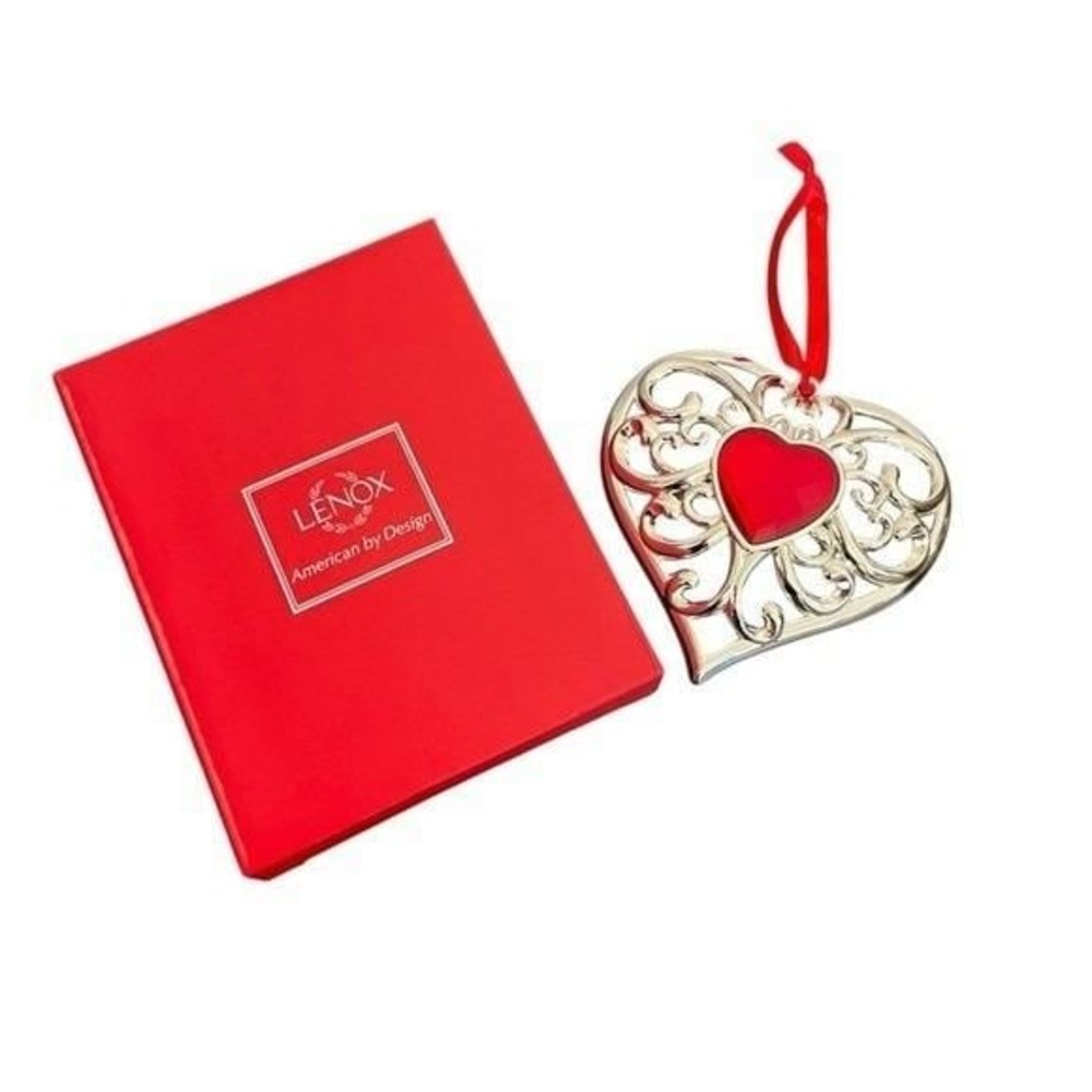 Lenox Silver Plated Bejeweled Filigree Heart Ornament Red Crystal Center